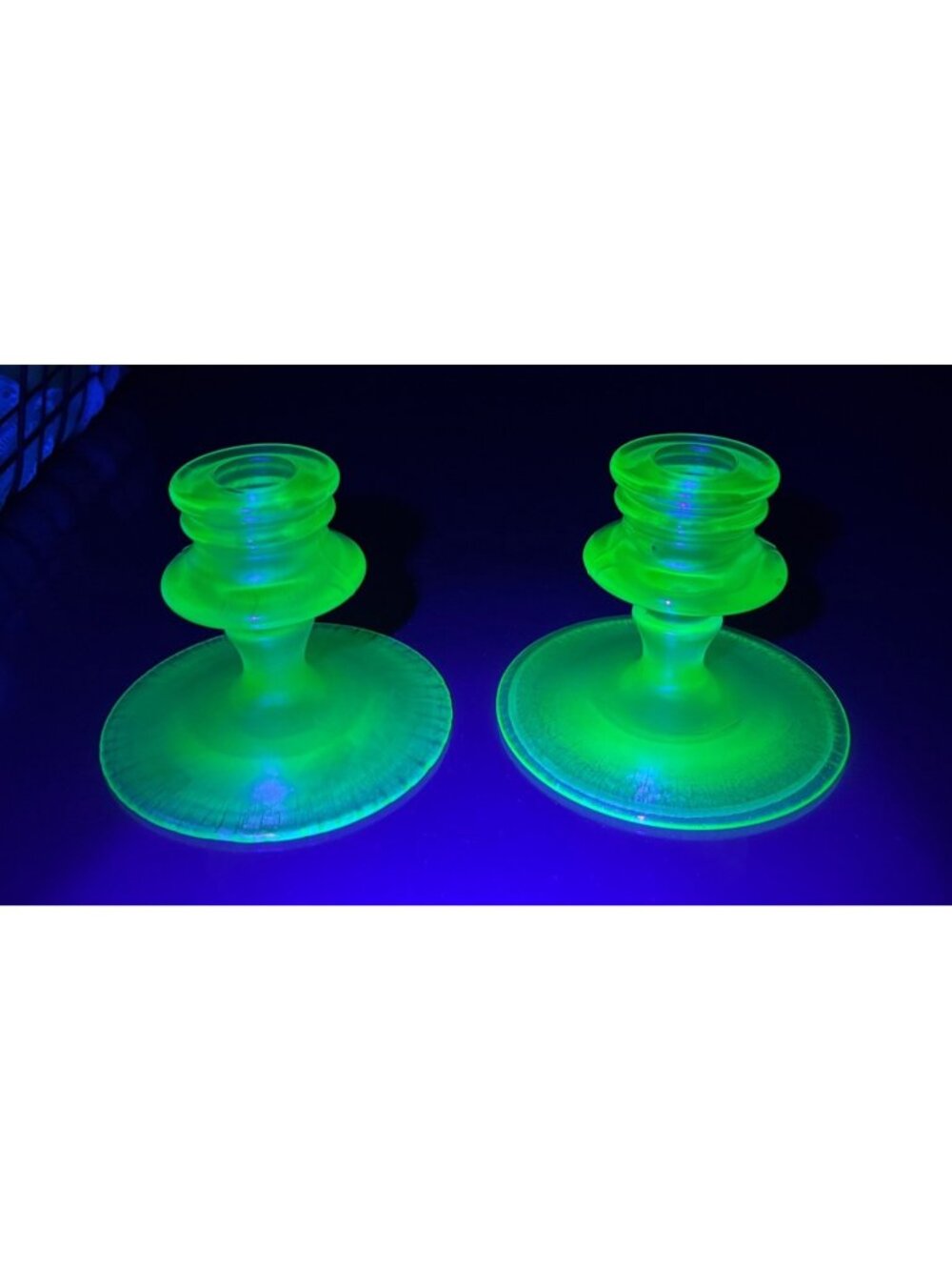 Uranium Glass Candlestick Holders Set of 2 Frosty Iridescent 3.5" Tall